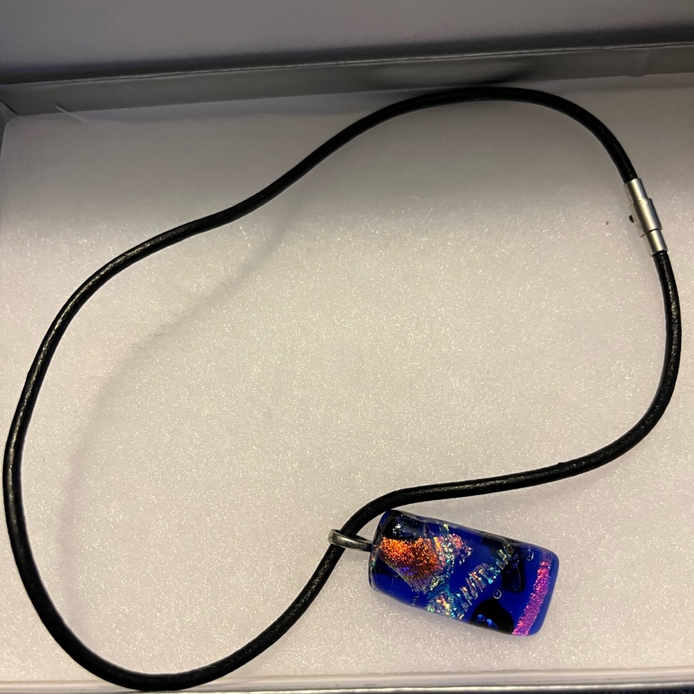 Handmade Blue Iridescent Glass Pendant Necklace with Black Cord